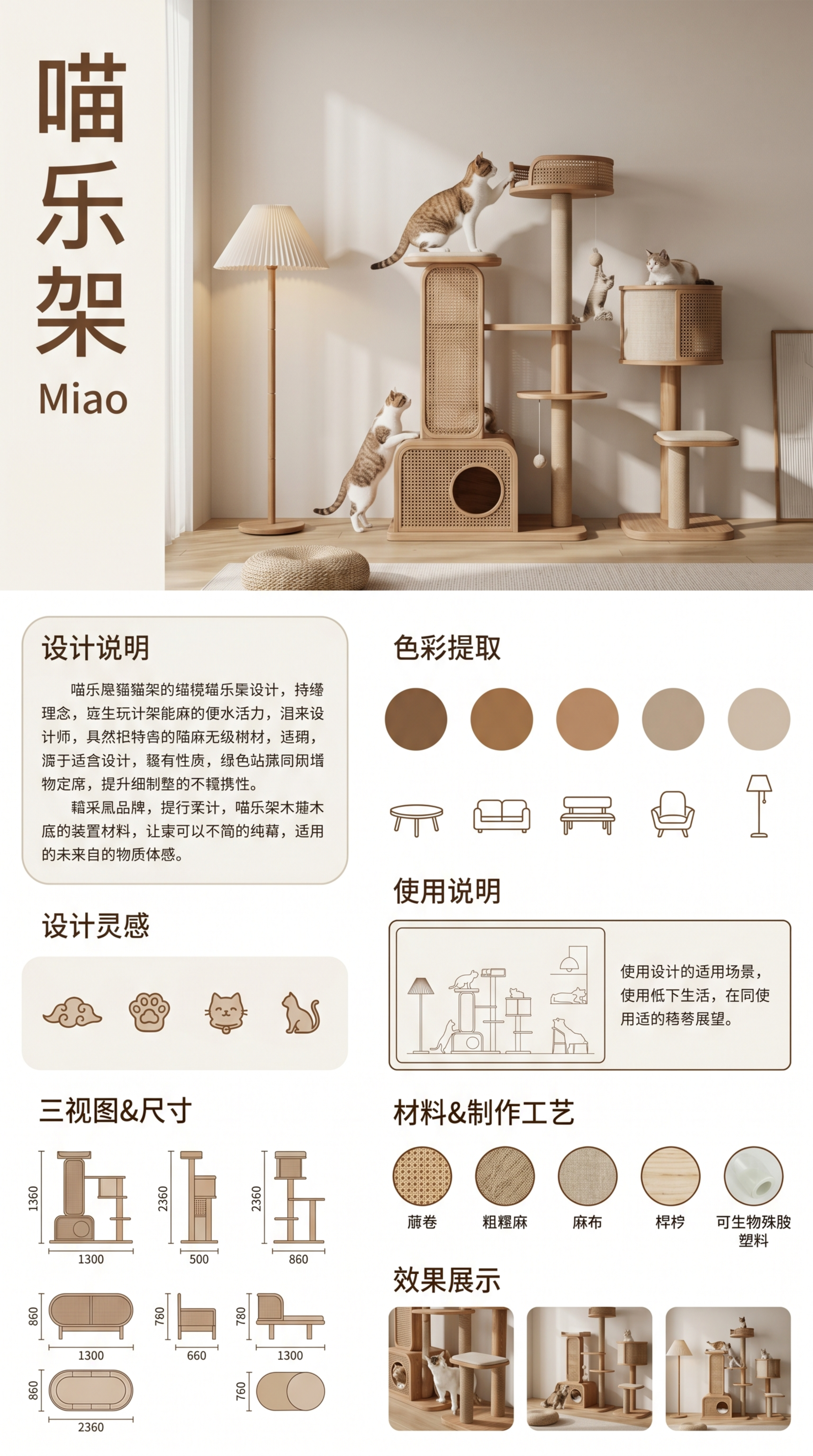 生成一张9:16竖版工业设计展板，主题为现代侘寂猫咪攀爬家具，… - 图片创意预览
