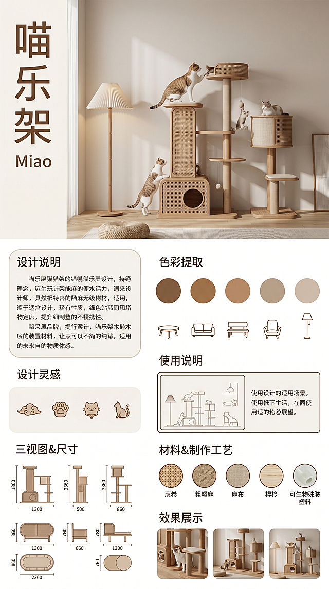 生成一张9:16竖版工业设计展板，主题为现代侘寂猫咪攀爬家具，整体色调为米白+原木棕+浅褐色，低饱和度暖色调，干净留白。
上半部分：大幅主效果图，展示猫咪攀爬家具组和地灯组合，场景为极简原木风室内，搭配猫咪元素，暖光氛围。
左侧竖排大标题“喵乐架”，搭配拼音“Miao”，字体为无衬线简约字体，米白色背景。
下半部分为信息模块，按网格划分：
1. 「设计说明」：左对齐文本框，浅米色圆角边框，正文为清晰的无衬线字体，介绍设计理念与特点。
2. 「色彩提取」：5个圆形色卡，搭配家具线稿小图标（茶几、沙发、长椅、单人座椅、落地灯），对应藤编家具的暖棕色调。
3. 「设计灵感」：4个小图标（祥云、猫爪、猫咪），浅米色背景，圆角矩形排版。
4. 「使用说明」：带线框的家具使用场景示意图，搭配简短说明文字。
5. 「三视图&尺寸」：4组家具的正视图、侧视图、俯视图，标注毫米尺寸（如1300、2360），线条纤细，标注清晰。
6. 「材料&制作工艺」：圆形材质样本图标（藤条、粗麻、亚麻、桦木、可降解塑料），搭配文字说明。
7. 「效果展示」：3张小尺寸实景效果图，展示家具细节与场景应用。
整体排版采用左右分区+网格对齐，信息层级分明，线条纤细柔和，无多余装饰，突出家具的自然质感与侘寂氛围。