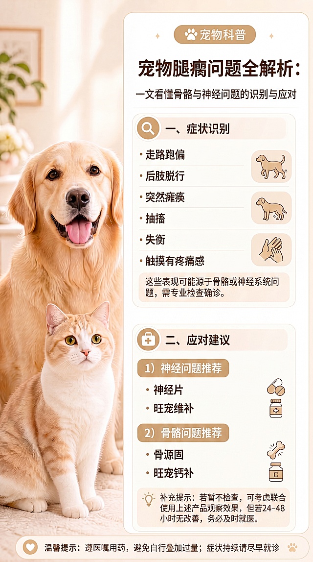 腿瘸
猫狗出现走路跑偏，后肢脱行，突然瘫痪，抽搐，失衡，触摸有疼痛感，是骨骼或神经出了问题，虽然这两个发病的原因不一样，治疗方向也不一样，但表现的症状是一样，需要做详细的检查才能确实原因。
对于普通人来说，如果不想花钱做检查，建议就直接全部都买，全部都吃，这样省的让宠物少受罪。如果吃了不见好转，要尽快就医。
神经问题可用：神经片、旺宠维补骨骼问题可用：骨源固、旺宠钙补
药品名称：
神经片
旺宠维补
骨源固
旺宠钙补 按照这种风格继续作图，不要药品图案，不要出现引人不适情况