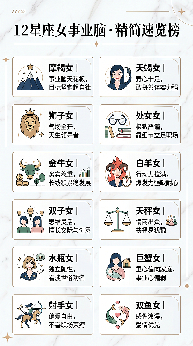 精美简约现代风格图文设计，标题为"12星座女事业脑・精简速览榜"，内容展示每个星座女事业特质：摩羯女｜事业脑天花板，目标坚定超自律；天蝎女｜野心十足，敢拼善谋实力强；狮子女｜气场全开，天生领导者；处女女｜极致严谨，靠细节立足职场；金牛女｜务实稳重，长线积累稳发展；白羊女｜行动力拉满，爆发力强缺耐心；双子女｜思维灵活，擅长交际与创意；天秤女｜情商出众，抉择易犹豫；水瓶女｜独立随性，看淡世俗功名；巨蟹女｜重心偏向家庭，事业心偏弱；射手女｜偏爱自由，不喜职场束缚；双鱼女｜感性浪漫，爱情优先。画面清晰明亮，排版高级易读