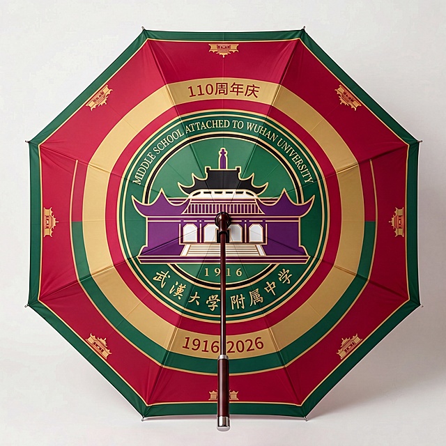 重新设计武汉大学附属中学110周年庆雨伞，修正英文文字错误，保持校徽建筑和中文正确，整体配色协调，110周年庆主题，画面清晰不扭曲，保留原来的红绿色系设计风格