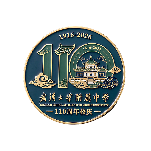 设计武汉大学附属中学110周年庆纪念徽章，参考原图提取图案元素，包含110、古建筑、祥云、金色描边，配色深蓝绿色配金色，文字正确：'武汉大学附属中学 110周年校庆 1916-2026'，图案清晰，无错别字，无扭曲模糊