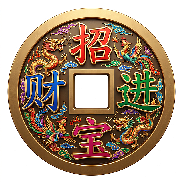 修改大钱，将“招财进宝”四个字按上下左右方位排布，把大钱上的纹样改为彩色，保留其他原有设计：纯白背景、3D立体字体、金色字体包边、每个字颜色分别为红/蓝/绿/玫红，整体风格大气立体