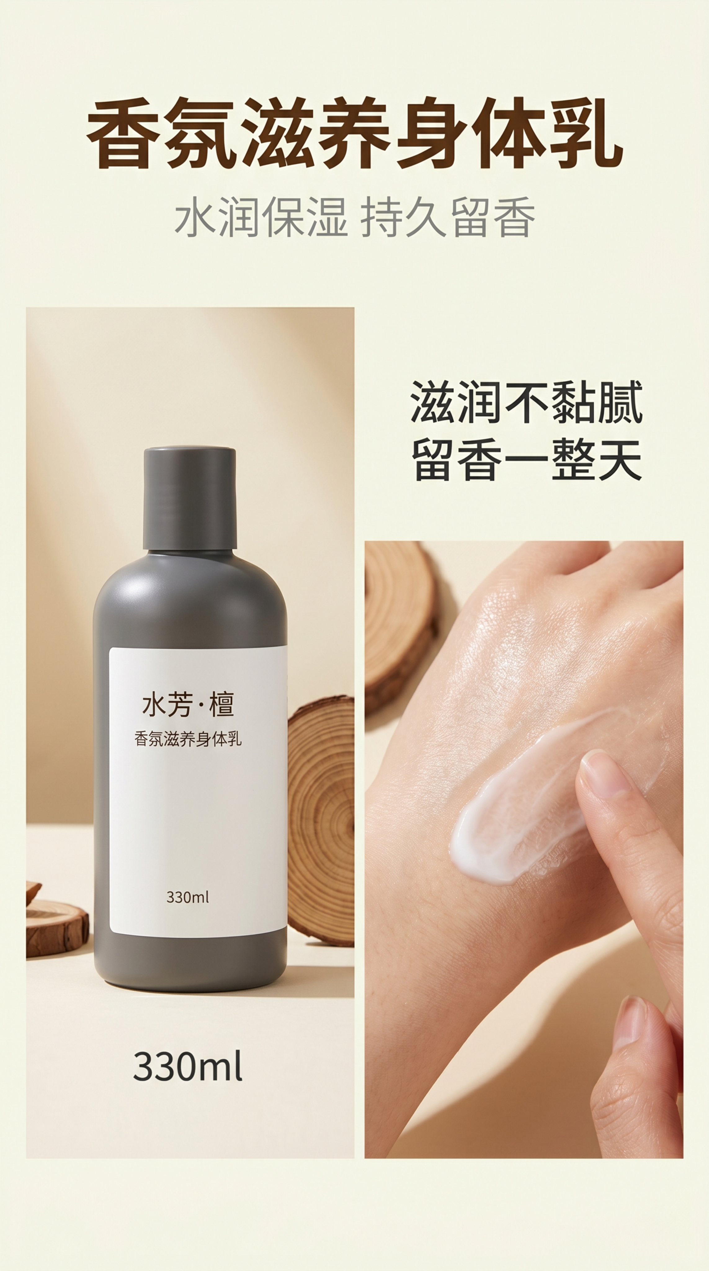 [第7屏] 身体乳单品卖点介绍屏，展示水芳·檀身体乳的使用效果… - 图片创意预览