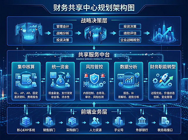 财务共享中心规划架构图，分为前端业务层、共享服务中台、战略决策层，标注集中核算、统一资金、数据分析、风险管控、财务职能转型等模块，科技风格，整体架构清晰，文字图片清晰，4:3比例
