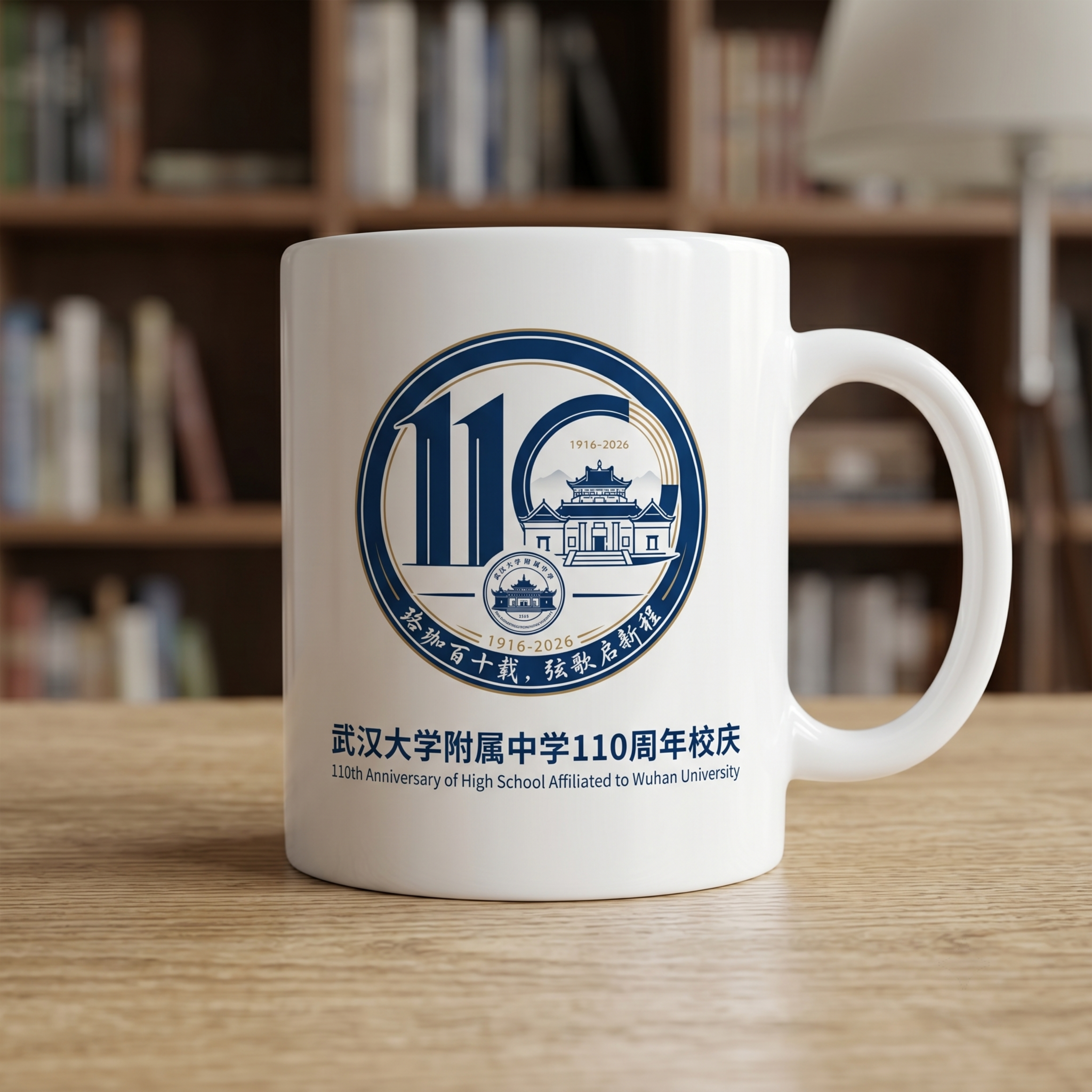 武汉大学附属中学110周年庆马克杯设计效果图，杯身印有参考图中… - 图片创意预览