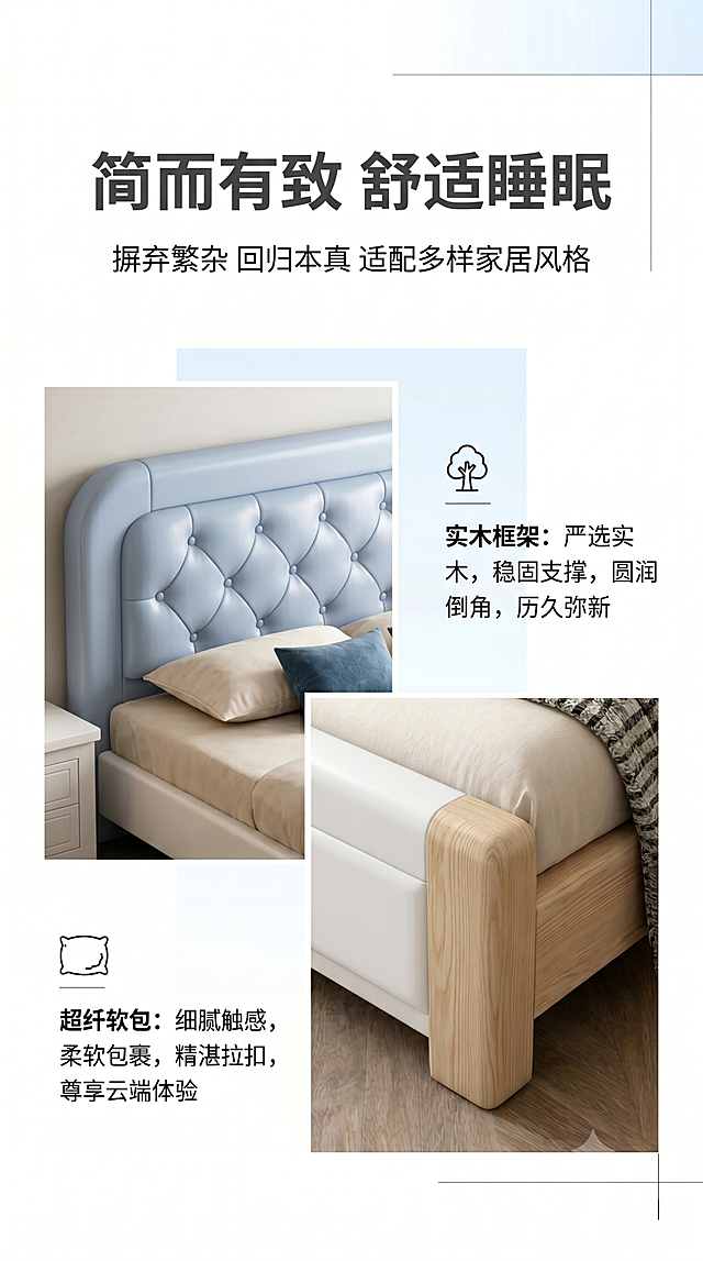 [第2屏] 设计美学屏-现代简约实木床设计理念阐述。氛围风格：简约高级设计风，干净留白，淡雅舒适，设计感强。元素布局：顶部文案区域，下半部分错落摆放浅蓝色（图1）和白色（图5）两款床的局部裁切特写，左侧展示床头软包细节，右侧展示床脚木纹细节，保持两款产品颜色和结构与原图一致。背景用浅蓝和白色渐变块区分区域，加入简约线条装饰，不抢主体视觉。光影质感：均匀柔和布光，产品细节清晰可见，局部特写明暗对比突出质感，整体画面干净通透。配色色系：全局底色：#FFFFFF（纯白）；主体配色：浅蓝色软包+白色床体+浅木色；辅助色：浅蓝渐变块+深灰文字。视角构图：上下构图，上文案下产品特写拼贴，排版透气留白，符合竖屏阅读。文字版式：顶部主标题"简而有致 舒适睡眠"，加粗深灰居中；副标题"摒弃繁杂 回归本真 适配多样家居风格"，小号深灰字；下方分两个区域分别介绍"实木框架"和"超纤软包"，左图标注右文字，每个区域配一个简约图标，文字清晰不拥挤。比例分辨率：9:16 竖版比例，文字清晰可辨，超高清。负向提示词：产品变形，颜色不对版，文字错乱，背景花哨，水印，结构错误。