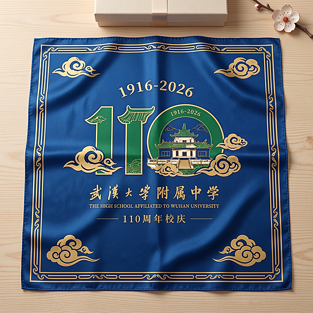 产品效果图，武汉大学附属中学110周年庆定制丝巾，印上参考图中的徽章图案，使用蓝色、绿色和金色配色，图案文字清晰，无错别字，不扭曲模糊