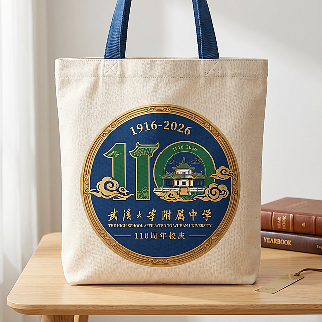 产品效果图，武汉大学附属中学110周年庆布艺手提袋，提取参考图徽章图案完整印在袋身，保持蓝绿金经典配色，文字清晰无错别字，帆布材质，整体质感高级，不扭曲模糊