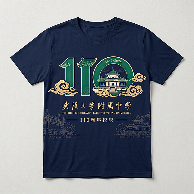 武汉大学附属中学110周年庆文化衫效果图，将参考图的110周年校庆图案印在文化衫上，保留蓝色底绿色金色配色，文字清晰，无错别字，不扭曲模糊