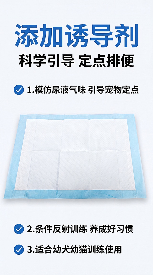 [第3屏] 核心卖点展示，突出添加诱导剂引导宠物定点排便功能。本屏使用【图6】尿垫展开平铺作为主体。
[氛围/风格] 专业功能展示风格，蓝白清晰对比，干净明亮商业质感。
[元素布局] 顶部大标题，中部尿垫展开平铺占据画面中心区域，占比约60%，四周留白放置卖点文字，不遮挡产品主体。保留原图尿垫浅蓝包边白色表层和网格纹理，产品结构颜色与原图一致。
[光影质感] 中心产品区域光照充足，清晰展示尿垫表层网格纹理，边缘柔和阴影突出层次感，整体明亮干净。
[配色色系] 全局底色#F5F8FA，主体浅蓝加白色，主色#1967D2，文字#212121。
[视角构图] 中心正面平铺俯视视角，卖点文字环绕排版，信息层级清晰。
[文字版式] 顶部主标题"添加诱导剂"蓝色粗体，副标题"科学引导 定点排便"黑色。下方三个卖点：1.模仿尿液气味 引导宠物定点；2.条件反射训练 养成好习惯；3.适合幼犬幼猫训练使用。每个卖点前加蓝色圆形对勾图标，左对齐排版。
[比例分辨率] 9:16竖版，4K分辨率，文字清晰。
[负向提示词] 尿垫变形，纹理丢失，颜色偏差，文字错乱，背景杂乱。