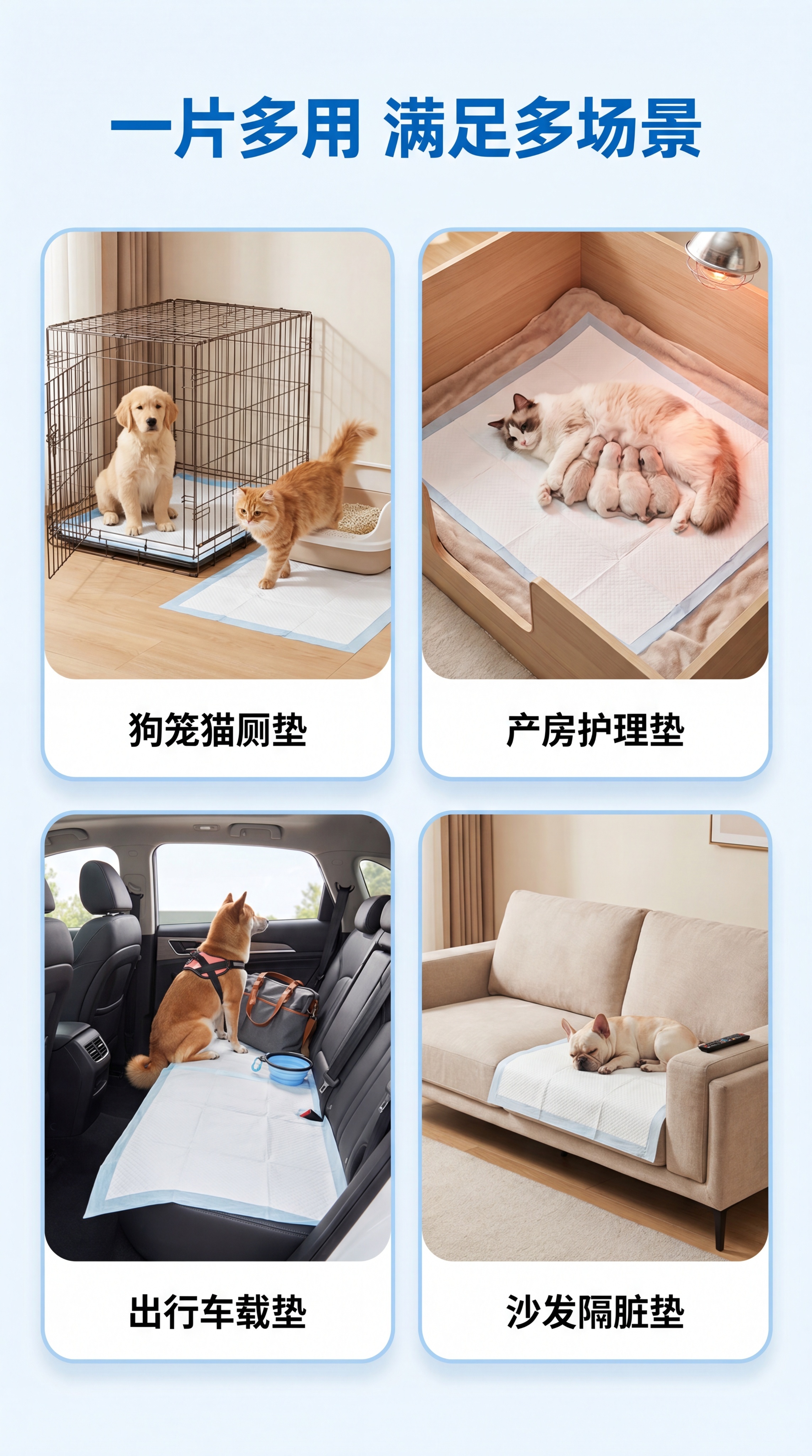 [第8屏] 多场景使用展示，可灵贝尔宠物尿垫适用多种养宠场景。… - 图片创意预览