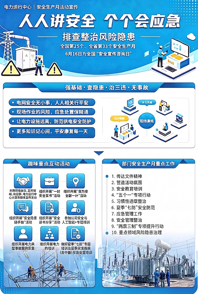 将这两张电力工作现场的实景图片添加到这张安全生产月宣传海报的底部空白位置，保持海报整体蓝色科技风格和原有内容排版不变，两张图片自然填充下方空白区域，图片融合自然不违和，保留所有原有文字内容