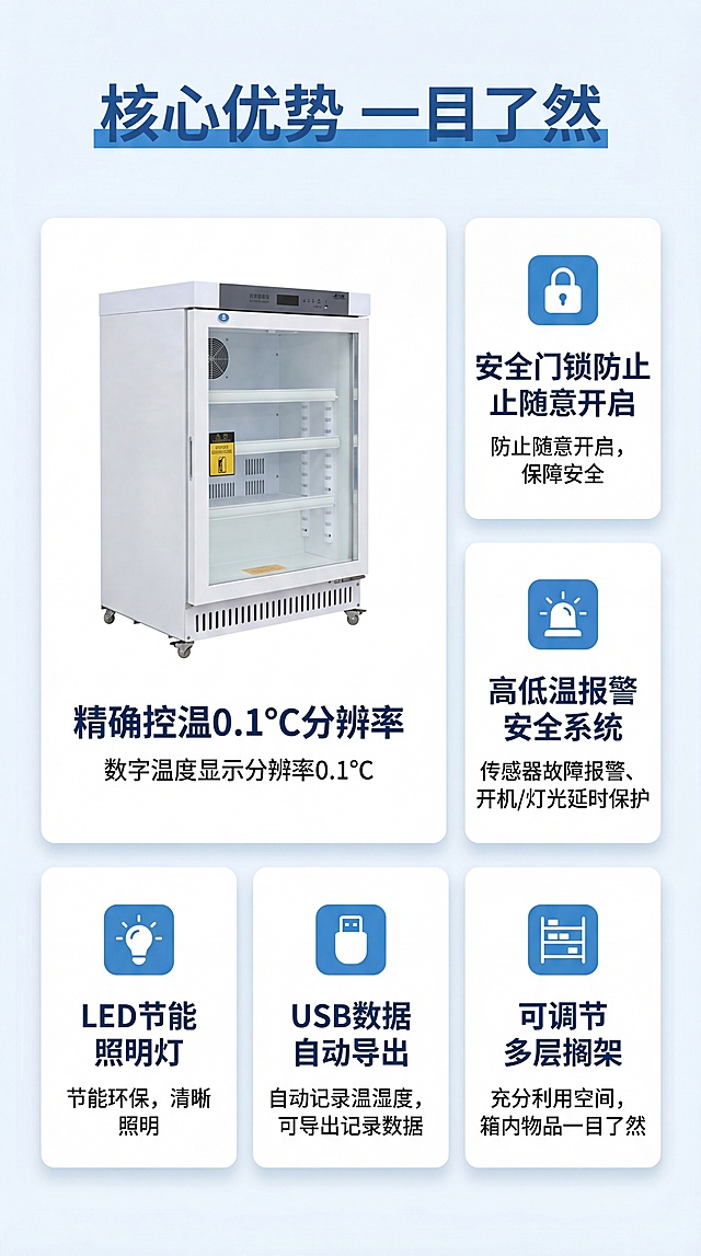 [第3屏] 核心卖点总览-药品冷藏柜六大核心优势卡片展示。本屏使用【图1】【图7】提取产品结构信息。
[氛围/风格] 专业卡片式信息展示，浅蓝浅底，蓝白搭配，清晰透气，商业信息展示质感。
[元素布局] 采用左一大卡片+右侧两小卡片+下方三小卡片的瀑布流分层结构，每个卡片承载一个核心卖点，大卡片使用小型产品图展示外观，每个小卡片搭配简约图标+卖点文字，保持产品外观与输入图一致。整体布局透气不拥挤，每个卖点区域独立清晰。
[光影质感] 卡片自带浅阴影增加层次感，整体光线均匀，文字清晰不发虚。
[配色色系] 全局底色：#F7FAFC；卡片背景：#FFFFFF；主标题蓝色：#2D5B99；正文文字：#333333；图标蓝色：#348eda。
[视角构图] 从上到下通栏排版，信息分区明确，主卡片占左侧约二分之一宽度，小卡片分两栏排布，符合手机阅读习惯。
[文字版式] 顶部通栏主标题 "核心优势 一目了然" 蓝色，六个卖点分别为：精确控温0.1℃分辨率、安全门锁防止随意开启、高低温报警安全系统、LED节能照明灯、USB数据自动导出、可调节多层搁架；每个卖点标题加粗，描述小字辅助说明，文字清晰不遮挡产品图。
[比例分辨率] 9:16竖版比例，4K分辨率，文字清晰可辨，超高清。
[负向提示词] 产品变形，结构错误，文字拥挤，排版杂乱，颜色冲突，水印。