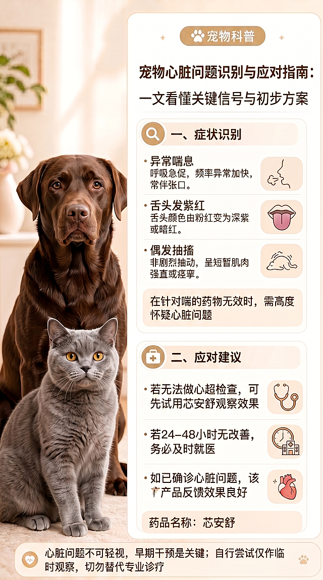 将图片左侧的金毛犬和橘猫替换成不同的其他真实宠物猫狗，表情自然真实，保持原来的图片风格、文字内容和药品位置不变，药品不修改，只更换宠物图案，整体风格保持温暖暖色调，背景不变