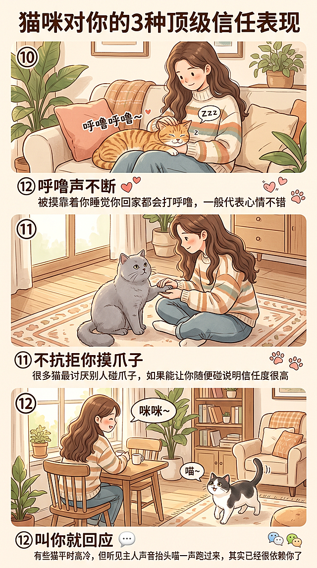小红书风格图片，自然偏动画风格，包含三种猫咪信任表现：⑩呼噜声不断，猫咪靠着主人睡觉打呼噜，文字"⑩呼噜声不断 被摸靠着你睡觉你回家都会打呼噜，一般代表心情不错"；⑪不抗拒你摸爪子，主人摸猫咪爪子不抗拒，文字"⑪不抗拒你摸爪子 很多猫最讨厌别人碰爪子，如果能让你随便碰说明信任度很高"；⑫叫你就回应，主人叫猫咪猫咪回应，文字"⑫叫你就回应 有些猫平时高冷，但听见主人声音抬头喵一声跑过来，其实已经很依赖你了"，画面自然，专业小红书排版，AI痕迹不明显