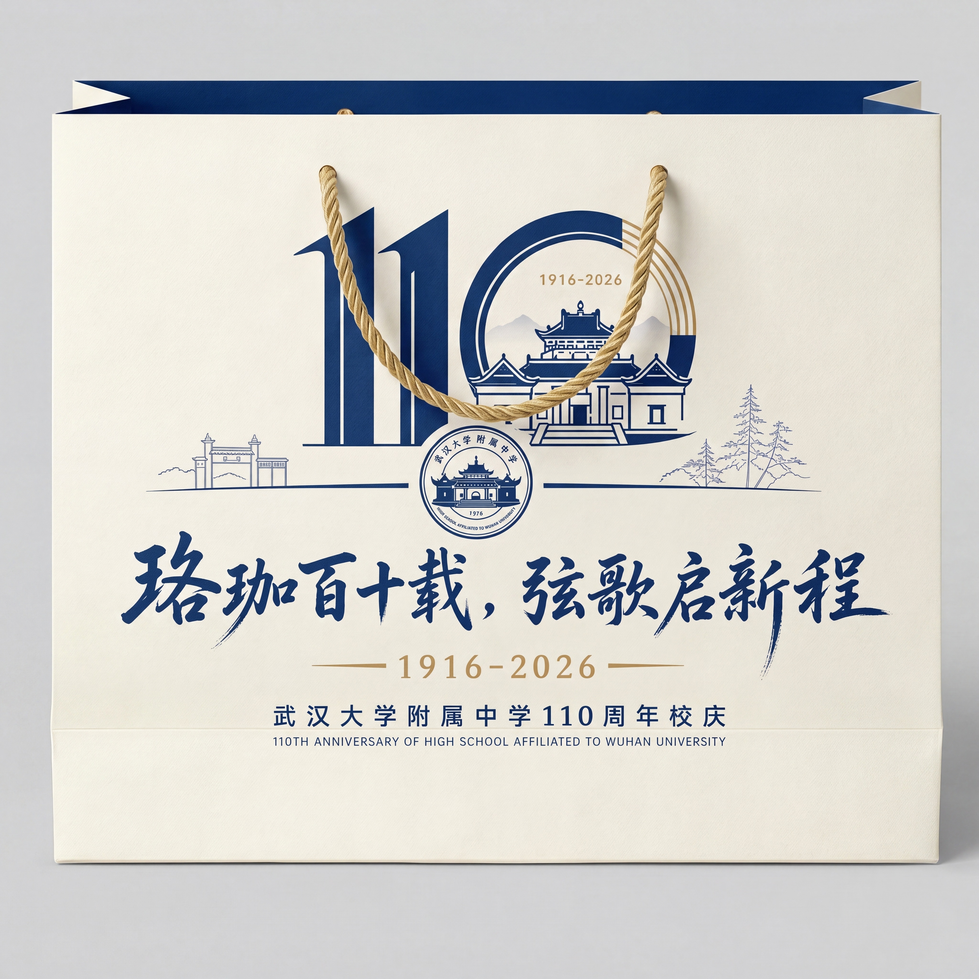 武汉大学附属中学110周年庆纸质手提袋图案效果图，印刷参考图中… - 图片创意预览