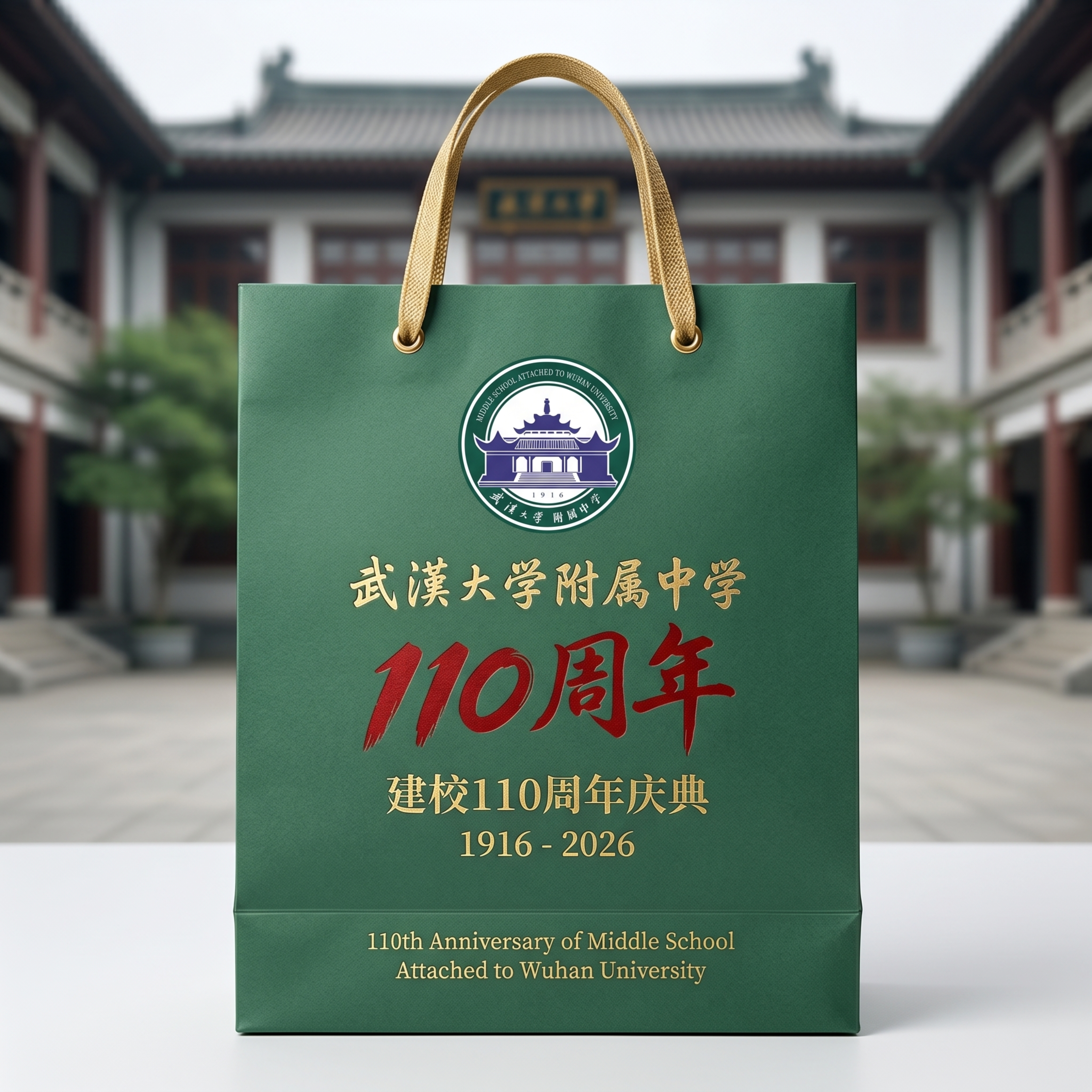 设计武汉大学附属中学110周年庆主题纸质手提袋图案效果图，包含… - 图片创意预览