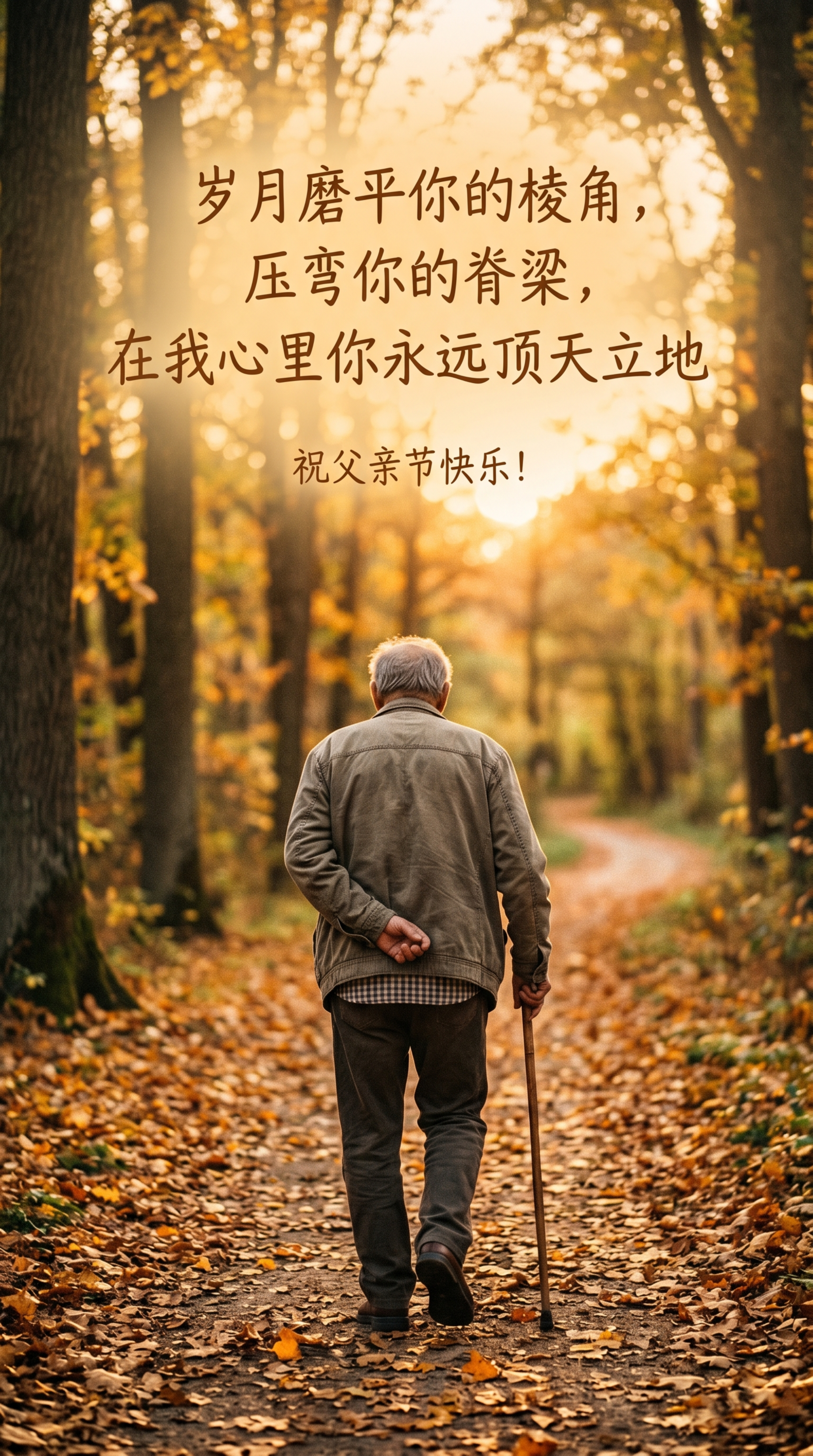 温馨感人父亲节主题画面，一位脊背微微弯曲的父亲背影，配文：'岁… - 图片创意预览