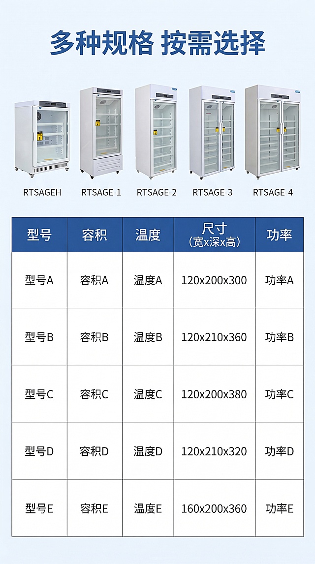 [第6屏] 产品规格矩阵-展示多型号多容量选择，满足不同需求。本屏使用【图1】【图2】【图3】【图5】【图6】产品图缩略展示。
[氛围/风格] 清晰规格展示风格，浅蓝色表头，白色表格，专业整齐，信息密度适中。
[元素布局] 顶部放置五款产品缩略图，每个产品对应下方型号名称，保持每个产品外观结构颜色和输入图一致，中部展示完整参数表格，包含型号、容积、温度、尺寸、功率参数，表格线清晰，表头蓝色背景白色文字，内容黑白文字。
[光影质感] 整体均匀打光，表格清晰，产品缩略图轮廓分明，文字清晰不模糊。
[配色色系] 全局底色：#F8FAFC，表头蓝色：#2D5B99，表格内容白底深灰文字，产品缩略图保持原产品白色。
[视角构图] 上下构图，顶部产品缩略横向排列，中部参数表格通栏，信息清晰对齐。
[文字版式] 顶部主标题 "多种规格 按需选择" 蓝色，表格内容文字大小适中，手机端清晰可读，参数对齐整齐。
[比例分辨率] 9:16竖版比例，4K分辨率，文字清晰可辨，超高清。
[负向提示词] 产品变形，表格错乱，文字模糊，颜色偏差，水印。