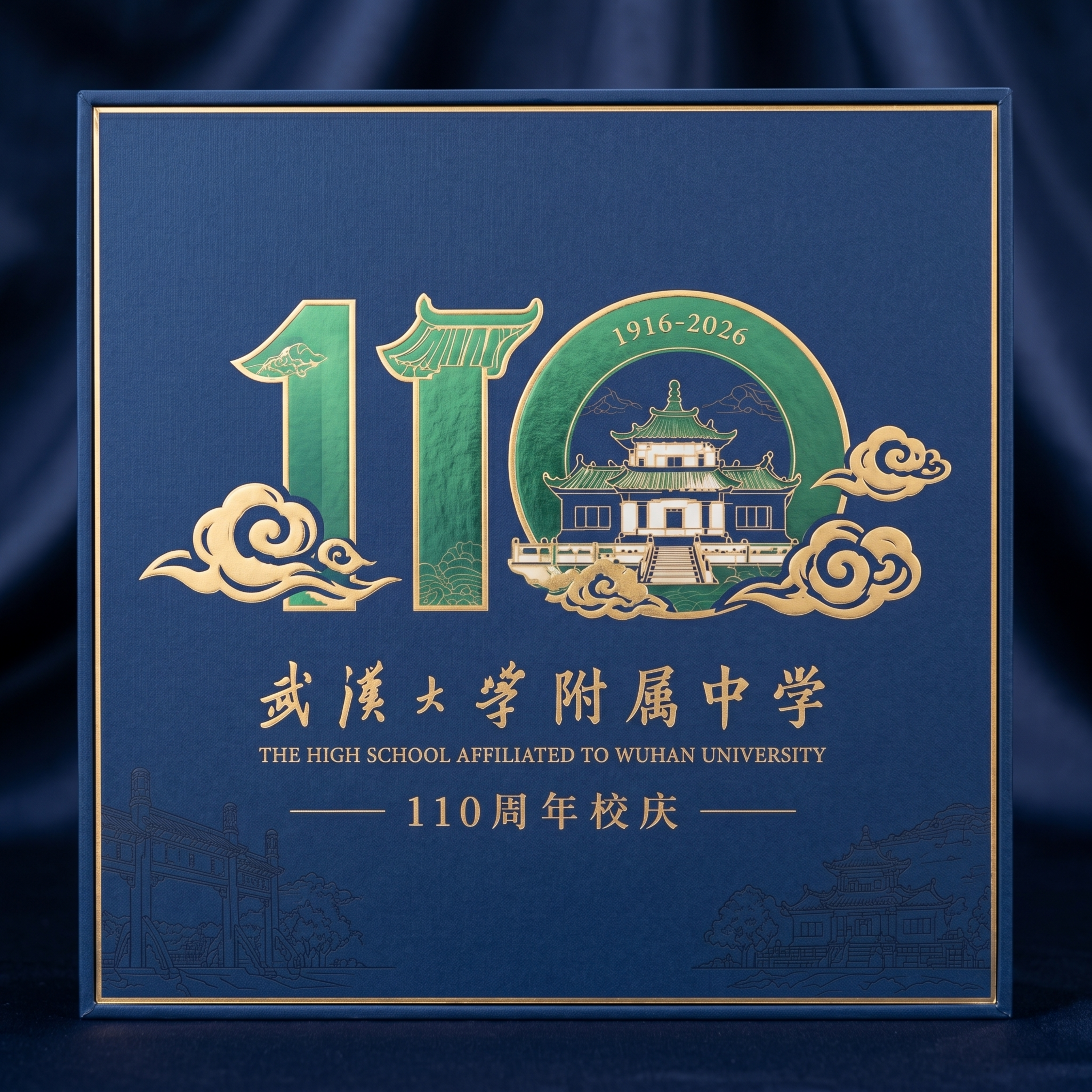 武汉大学附属中学110周年庆包装盒正面设计效果图，印有参考图的… - 图片创意预览