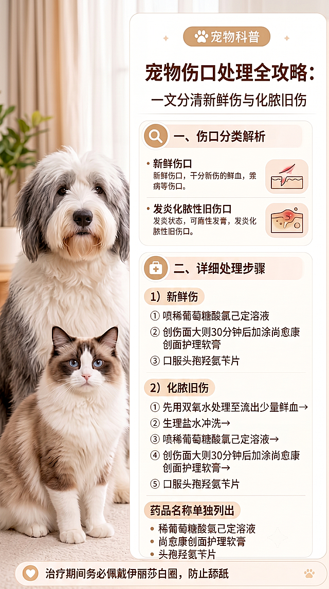 替换图片左侧的金毛犬和橘猫，换成其他不同品种的宠物，保持图片整体风格、背景、文字排版和所有文字内容完全不变，保持整体暖色调温馨干净的风格，光线保持柔和明亮