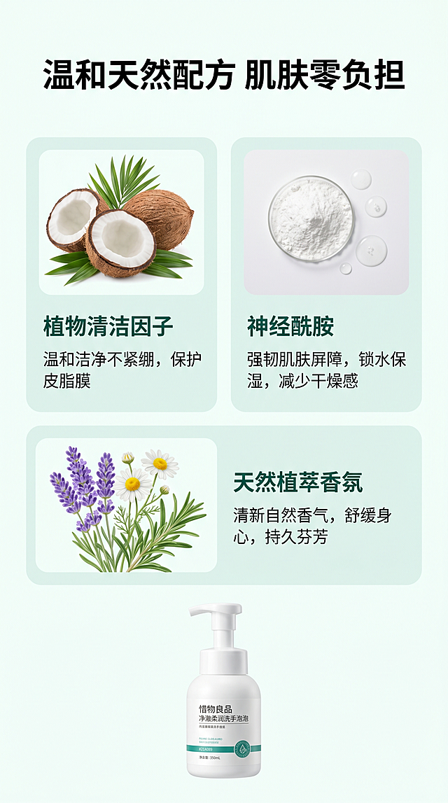 [第4屏] 成分配方展示-惜物良品净澈柔润洗手泡泡温和配方说明。
[氛围/风格] 简约专业成分展示，干净自然，突出天然温和属性，保持湖绿色调性。
[元素布局] 画面顶部放置大标题，中间区域双行网格布局展示核心成分，每行左侧放成分实物图，右侧放成分名称和功效说明，三个核心成分：植物清洁因子、神经酰胺、天然植萃香氛，每个成分格子带浅圆角边框；底部放置产品图，保持产品外观不变。
[光影质感] 均匀柔光，清晰展示成分图片和文字，整体通透干净。
[配色色系] 全局底色：#F8FCFB，主色：#21A089，成分卡片背景：#E8F5F2，文字深色。
[视角构图] 标题+成分网格+产品，竖向三段式构图，信息清晰有序。
[文字版式] 主标题「温和天然配方 肌肤零负担」加粗居中，每个成分名称加粗，功效说明小字清晰，字体大小适合移动端阅读。
[比例分辨率] 9:16竖版比例，4K分辨率，文字清晰可读。
[负向提示词] 成分图变形，文字错乱，排版拥挤，颜色偏差，虚假宣传表述