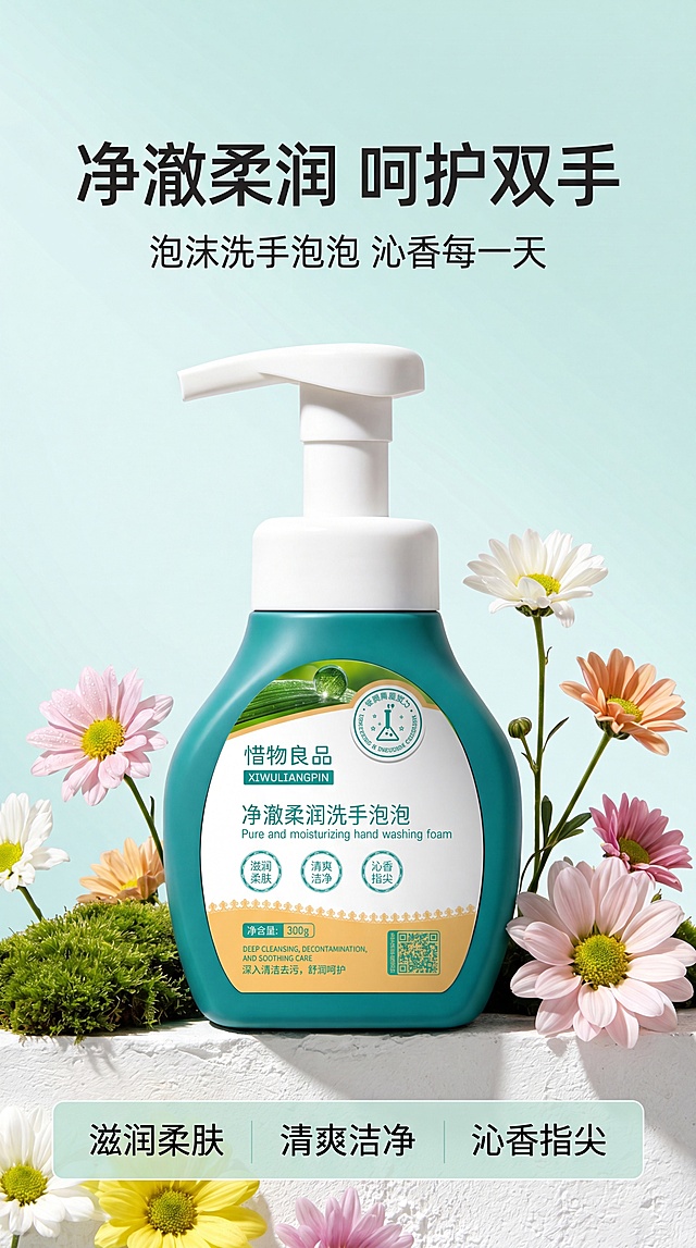 [第1屏] 详情页头图-惜物良品净澈柔润洗手泡泡主视觉海报。本屏使用【图1】作为商品主体。
[氛围/风格] 清新自然洗护风，浅青绿色背景，干净清爽氛围感，商业摄影质感，画面通透舒适。
[元素布局] 惜物良品净澈柔润洗手泡泡放置在画面中偏上区域，占据画面60%-65%主体，保持产品湖绿色瓶身、白色泵头、现有标签文字、包装形状轮廓、颜色与输入产品图完全一致。产品周围搭配多种颜色的雏菊和绿色苔藓作为前景和背景装饰，背景上半部分做淡青绿色渐变，下半部分保留白色石质台面，层次感丰富。
[光影质感] 左前方柔和主光照亮瓶身，突出瓶身质感，产品后方形成自然柔和阴影，整体明暗层次分明，产品边缘清晰真实。
[配色色系] 全局底色：#E8F5F2（浅青绿色）；主体配色：#21A089（瓶身湖绿色）+ #FFFFFF（泵头白色）+ #F0F3F0（标签底色）；辅助色：#86C443（苔藓绿）+ 柔粉/桃色/白色（雏菊配色）+ #111111（标题深灰）。
[视角构图] 正面平视，产品位于画面中心偏上区域，上方预留标题空间，下方用浅绿渐变背景承接文案，整体构图均衡舒适。
[文字版式] 上方标题区域，主标题「净澈柔润 呵护双手」大号深灰字居中，副标题「泡沫洗手泡泡 沁香每一天」小号深灰字放主标题下方；底部用同色系浅绿半透明信息条放置三个核心卖点「滋润柔肤」「清爽洁净」「沁香指尖」，文字不遮挡主体产品，清晰可读。
[比例分辨率] 9:16竖版比例，4K分辨率，文字清晰可辨，超高清。
[负向提示词] 瓶身变形，泵头缺失，标签文字错乱，颜色偏差，水印，文字模糊，背景杂乱，产品结构错误