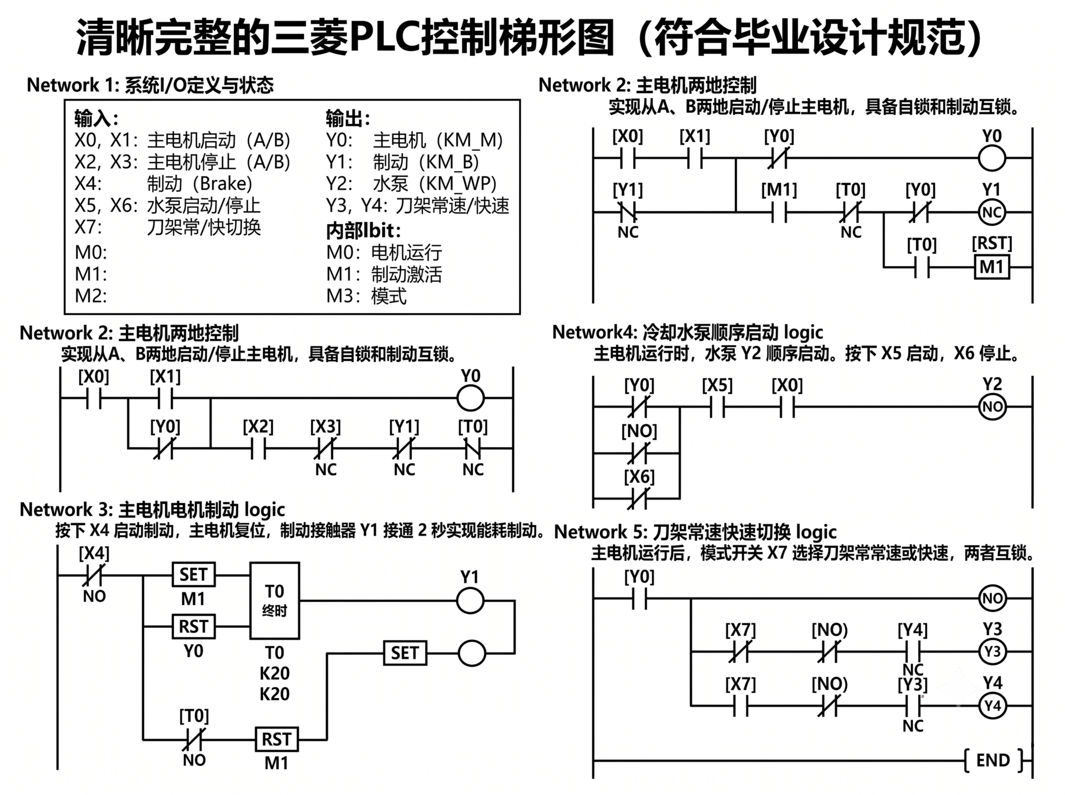 清晰完整的三菱PLC控制梯形图，实现主电机启停制动、冷却水泵顺… - 图片创意预览