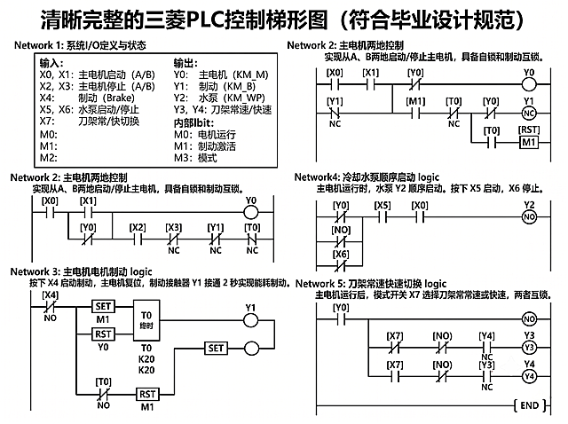 清晰完整的三菱PLC控制梯形图，实现主电机启停制动、冷却水泵顺序启动、刀架常速快速切换、两地控制逻辑，符合PLC编程规范，标注各网络功能，白底清晰图形符号，适合毕业设计使用