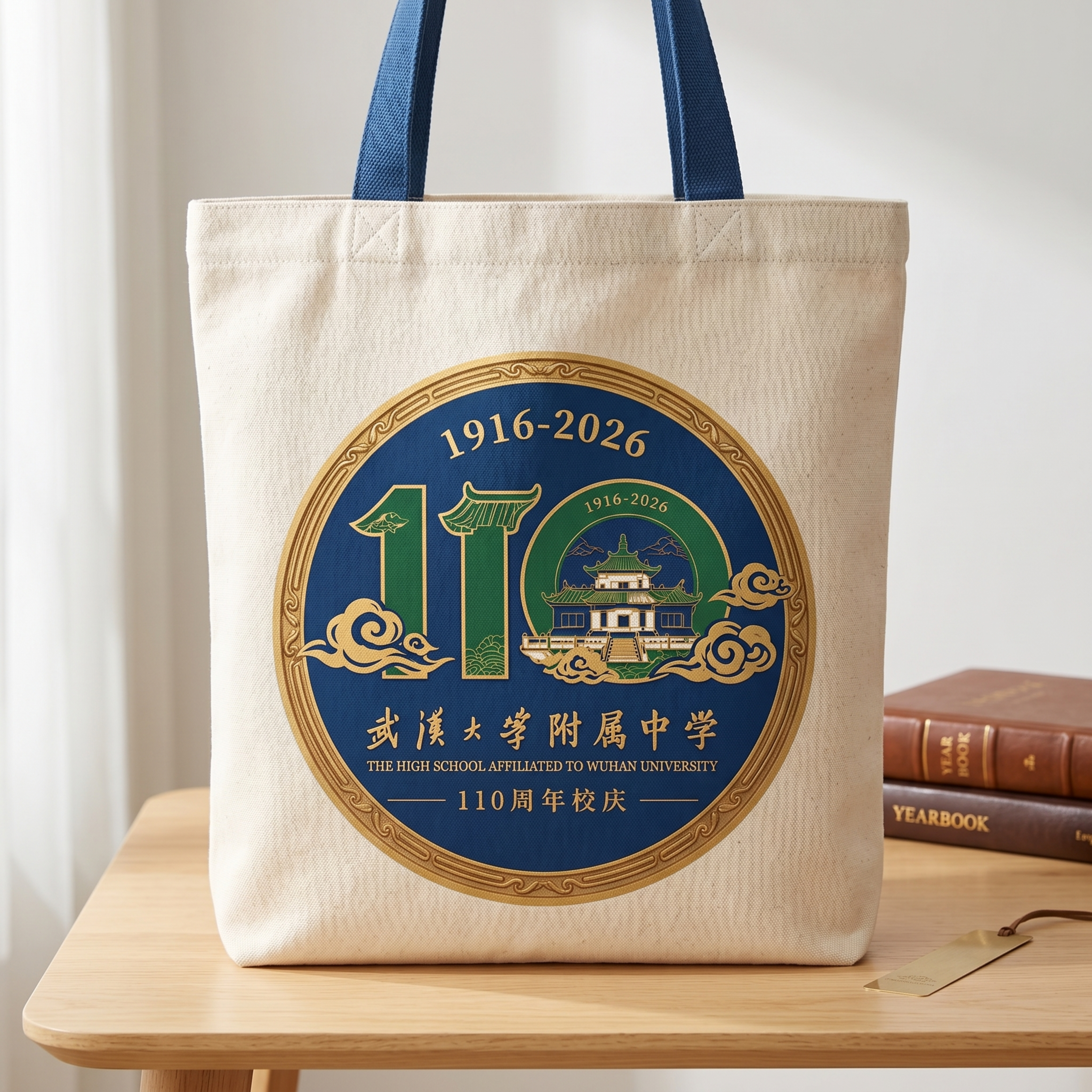 产品效果图，武汉大学附属中学110周年庆布艺手提袋，提取参考图… - 图片创意预览