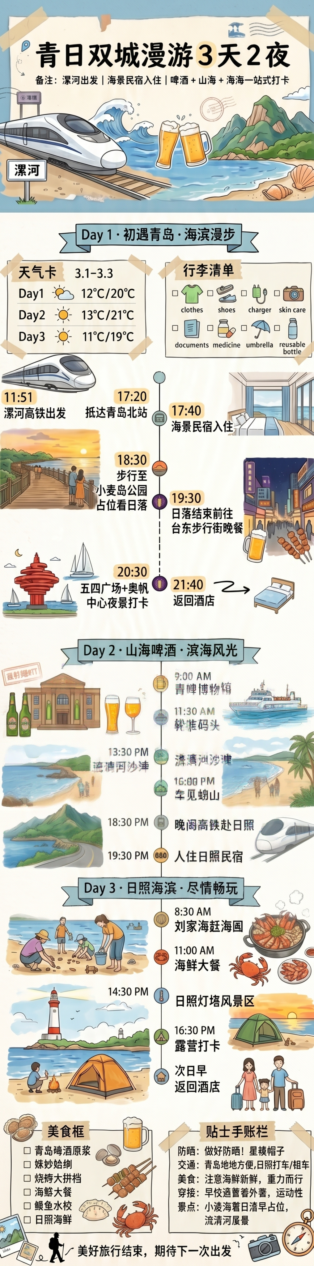基于原手绘旅行手账长图进行内容修正：将Day1行程时间线全面更… - 图片创意预览