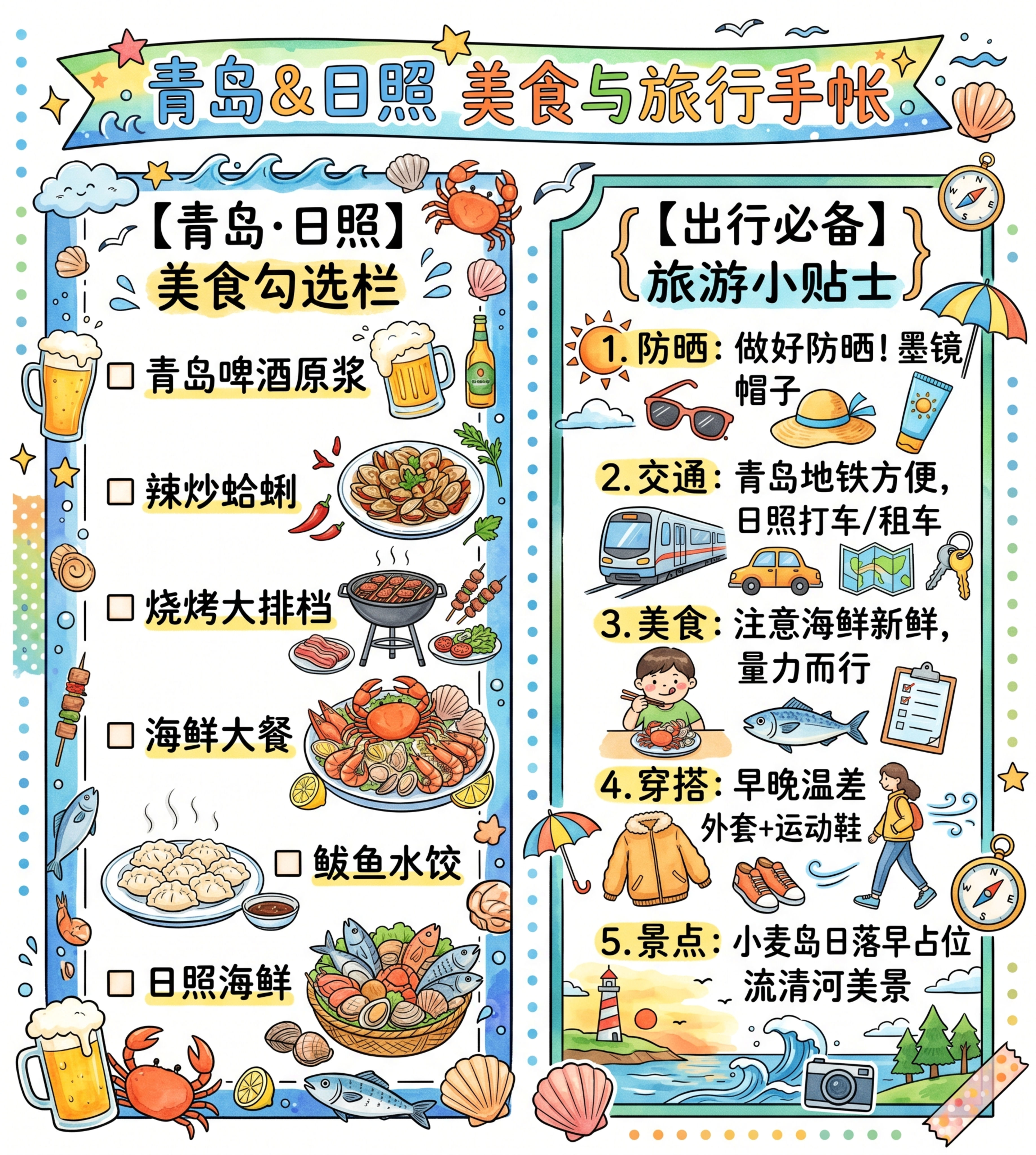 手绘风格美食与贴士手账栏模块图，竖版1080×12000, 4… - 图片创意预览