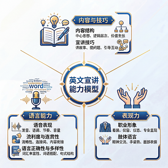 将图中以下文字替换：1）'语音语调节奏音量' → '语音表现'；2）'清晰度、重音、语速、音量投射' → '发音、语调、节奏、音量'；3）'手姿势' → '手势、姿势'；其余所有内容（包括图标、配色、布局、其他文字）保持不变