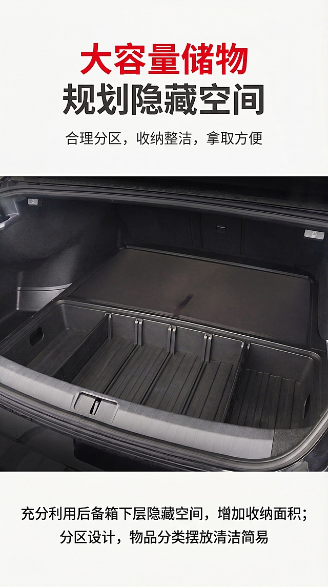 [第5屏] 功能实测屏-大容量储物优势展示。真实使用场景风格，突出收纳能力与空间利用率，清晰直观。本屏使用【图2】开盖储物状态作为主体，展示产品大容量分区储物效果，产品占据画面70%主体区域。背景为原车后备箱真实场景，底部预留卖点说明区域。保持产品开盖后结构、隔层分区、黑色材质与实拍图一致。车内自然光线，产品轮廓清晰，分区隔层阴影自然，储物空间纵深感真实。全局底色#F8F8F8浅灰白，主体产品保持实拍深灰黑色，文字标题#ED2024红色，说明文字#333333深灰。正面平视后备箱视角，产品主体居中，标题顶部，说明文字底部，阅读动线顺畅。顶部大标题"大容量储物 规划隐藏空间"红色粗体居中；副标题"合理分区，收纳整洁，拿取方便"深灰色小字；底部两行卖点说明"充分利用后备箱下层隐藏空间，增加收纳面积；分区设计，物品分类摆放清洁简易"文字清晰，每行不超过15字，不遮挡产品主体。9:16竖版比例，4K分辨率，文字清晰可辨，超高清。负向提示词：产品结构变形，隔层缺失，颜色偏差，文字错乱，产品图模糊，背景杂乱，水印。