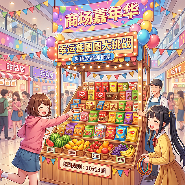 3D动漫风格，商场内的套圈活动场景，摊位上摆放着各种零食和水果作为奖品，色彩鲜艳，充满活力