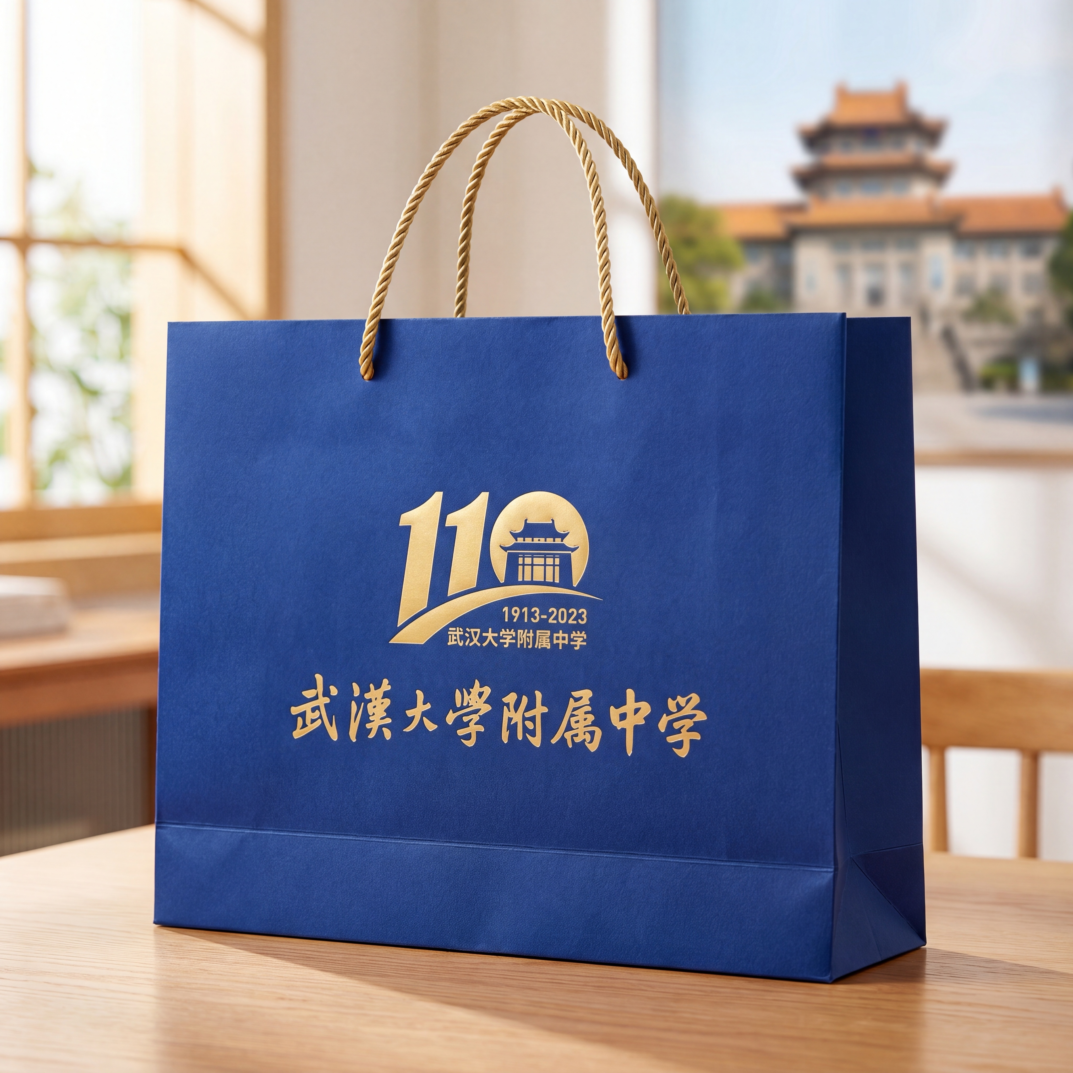 武汉大学附属中学110周年庆纸质手提袋效果图，正面印有提取的1… - 图片创意预览