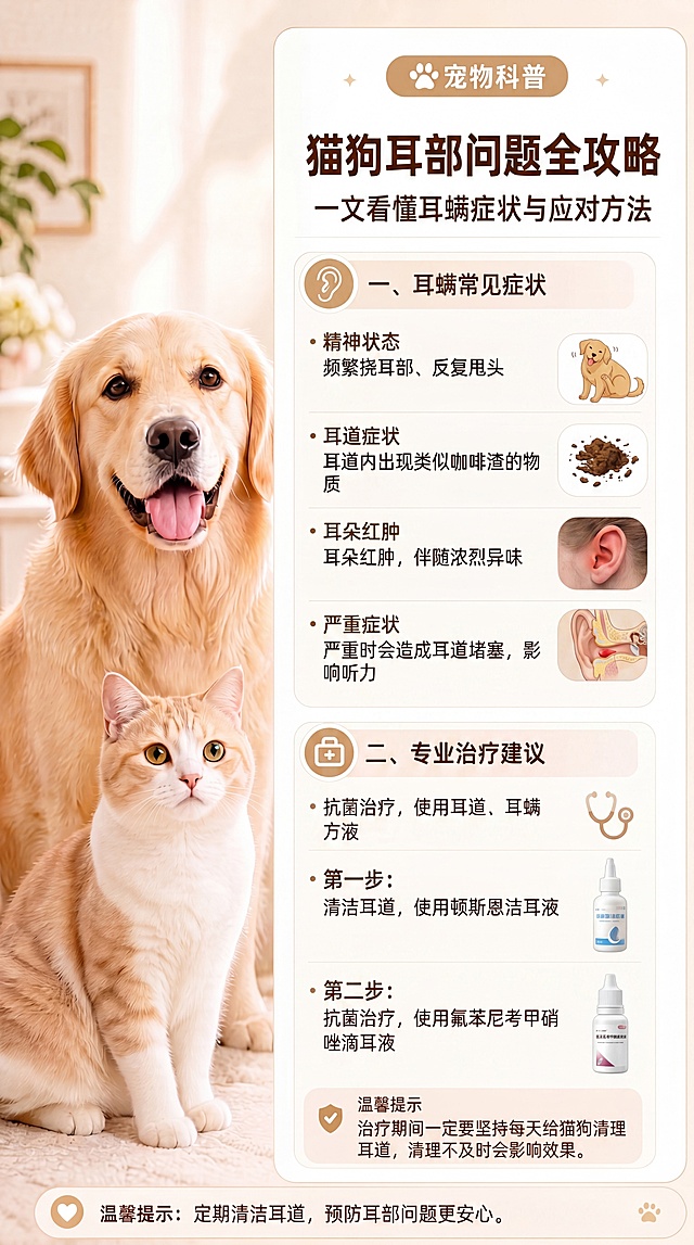 生成一张小红书宠物科普长图，风格与参考图一致，暖米色背景，左侧放置金毛犬和猫咪的高清图片，右侧为文字内容：顶部棕色圆角标签写着"宠物科普"，大标题为"猫狗耳部问题全攻略"，副标题为"一文看懂耳螨症状与应对方法"。第一部分"一、耳螨常见症状"列出：频繁挠耳部、反复甩头；耳道内出现类似咖啡渣的物质；耳朵红肿，伴随浓烈异味；严重时会造成耳道堵塞，影响听力。第二部分"二、专业治疗建议"：第一步：清洁耳道，使用顿斯恩洁耳液；第二步：抗菌治疗，使用氟苯尼考甲硝唑滴耳液；温馨提示：治疗期间一定要坚持每天给猫狗清理耳道，清理不及时会影响效果。药品名称：顿斯恩洁耳液、氟苯尼考甲硝唑滴耳液。底部温馨提示：定期清洁耳道，预防耳部问题更安心。整体风格专业清晰，排版整齐，暖色调，圆角卡片设计，搭配小图标装饰，保持和参考图一样的图文布局。