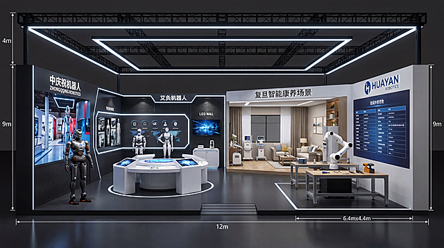 按第一张图的视角（人眼平视、入口前方视角）生成新展位实景图：长方形展位宽12米、深9米、层高4米，总面积108平方米，无中间隔断。左侧5.6m×9m为众擎机器人展区，含全尺寸众擎人形机器人（参考图https://gdesign-dam-hz.dancf.com/36851501243148387/d8905f443bd34d9ba0aca073730bf942.jpg）、环形观众互动区、LED大屏；右前方6.4m×4.4m为华冶机械臂展区，含白色华冶协作机械臂（参考图https://gdesign-dam-hz.dancf.com/36851500536419463/314c3515c662488faa87eb362287e423.jpg）、工作台与技术参数墙；右后方6.4m×4.6m为复旦智能康养场景，含居家康养空间布置与艾灸机器人；顶部桁架结构带灯光，整体现代科技风格，真实展厅渲染效果