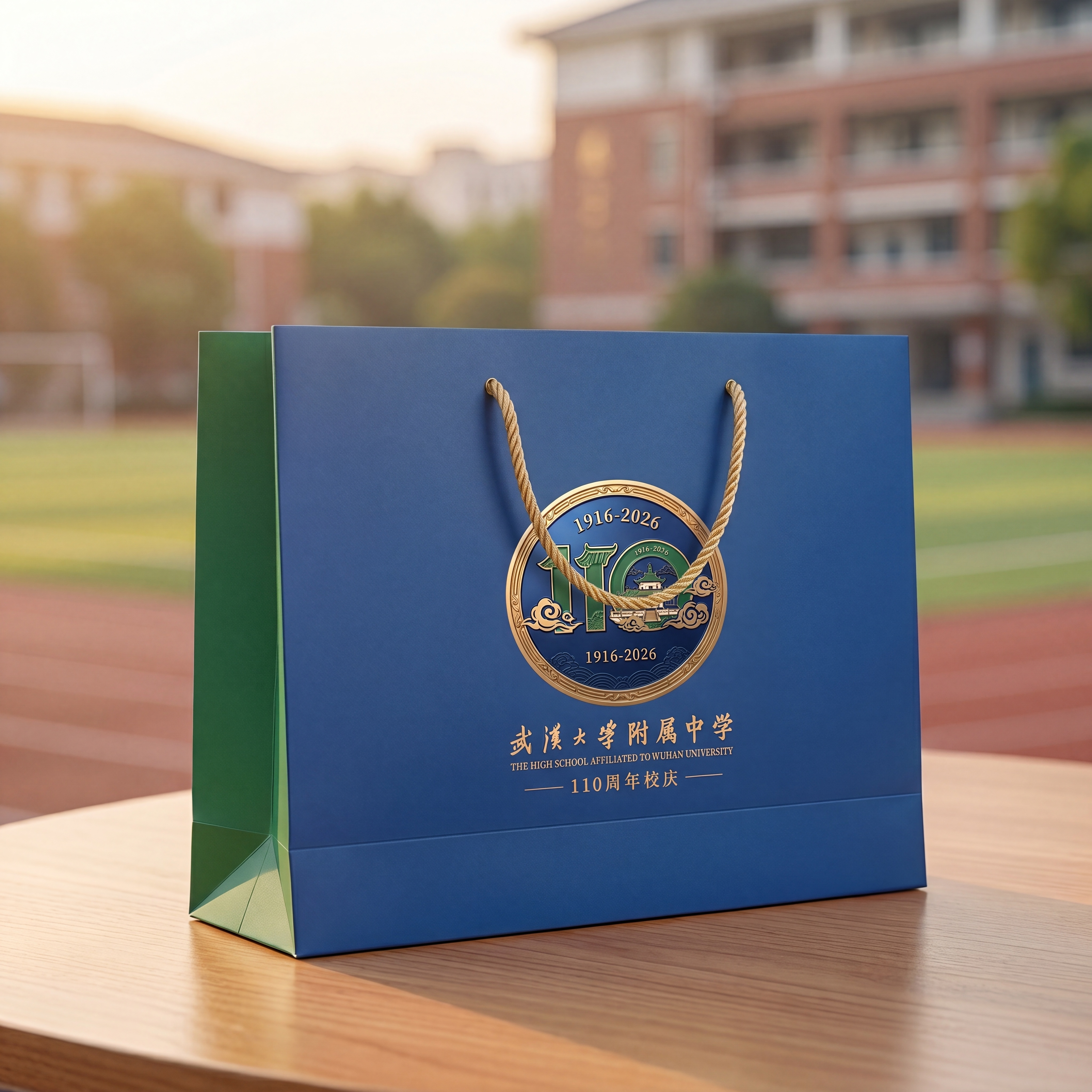 产品效果图，武汉大学附属中学110周年庆纸质手提袋，印上参考图… - 图片创意预览