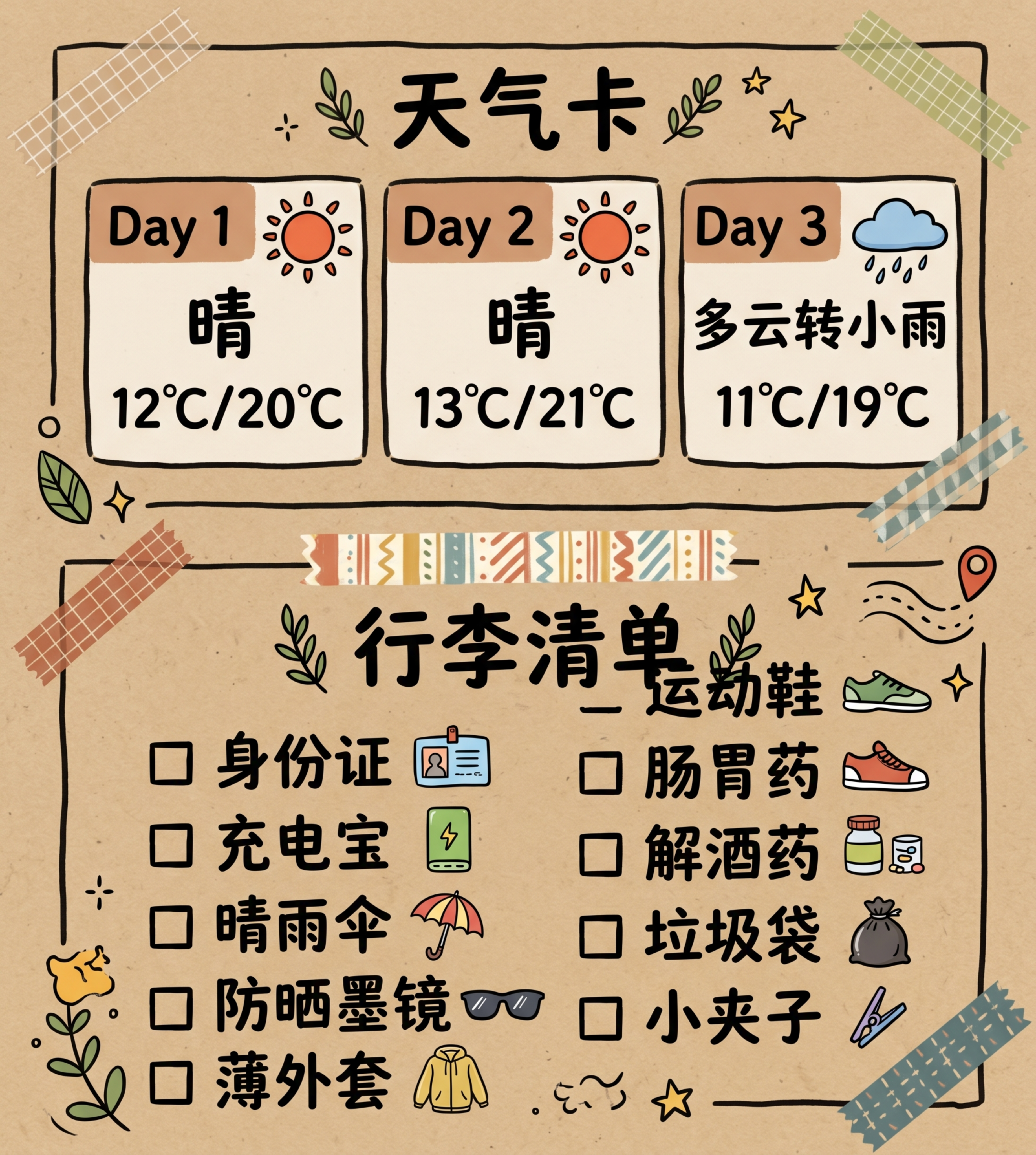 手绘风格天气卡与行李清单模块图，竖版1080×12000，4K… - 图片创意预览