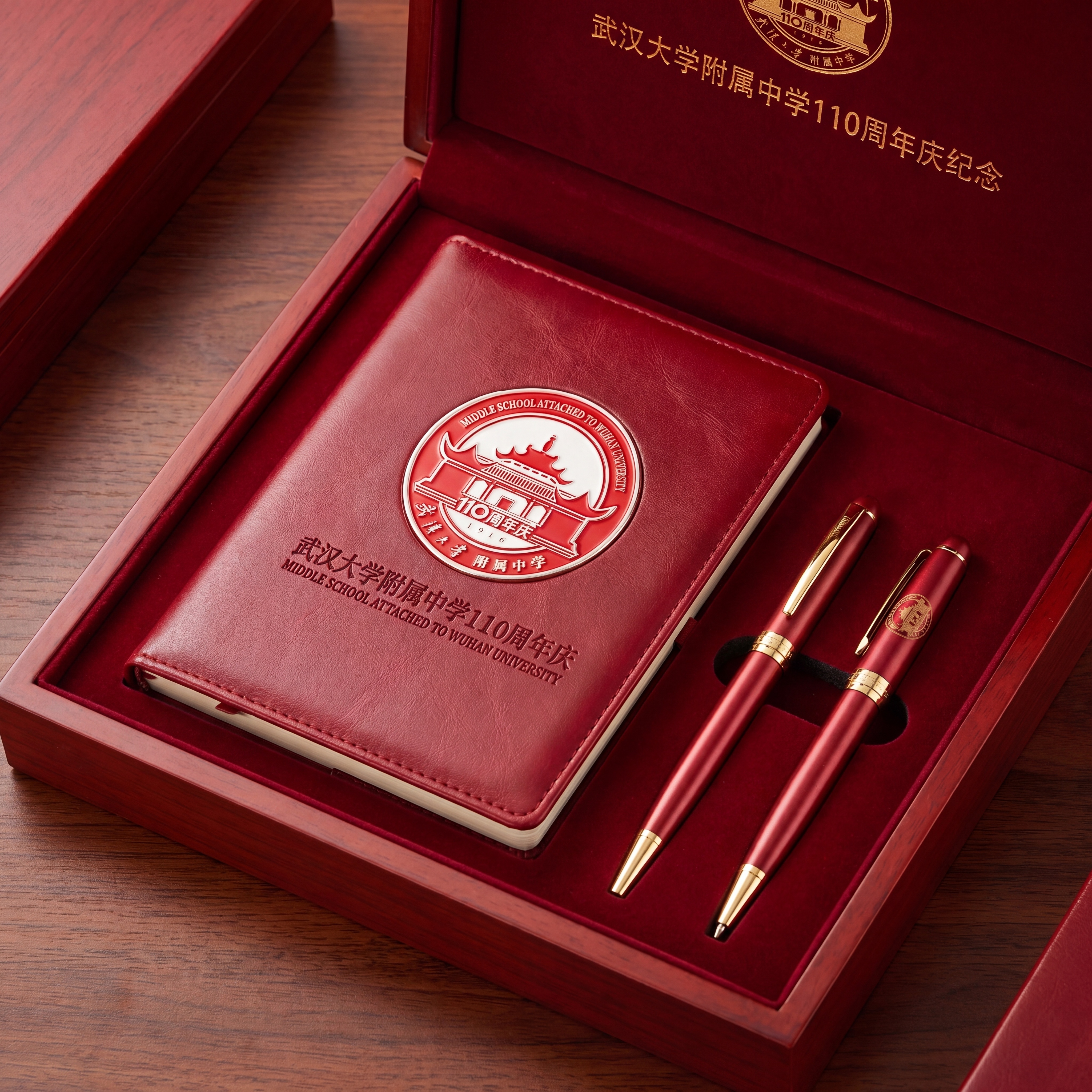武汉大学附属中学110周年庆，设计笔记本和笔套装效果图，印有提… - 图片创意预览