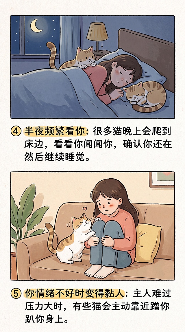 小红书竖版动画风格图文，内容④半夜频繁看你：很多猫晚上会爬到床边，看看你闻闻你，确认你还在然后继续睡觉；⑤你情绪不好时变得黏人：主人难过压力大时，有些猫会主动靠近蹭你趴你身上，手绘动画风格，画面只有一个主人和一只猫咪，自然无AI穿帮感，文字排版清晰