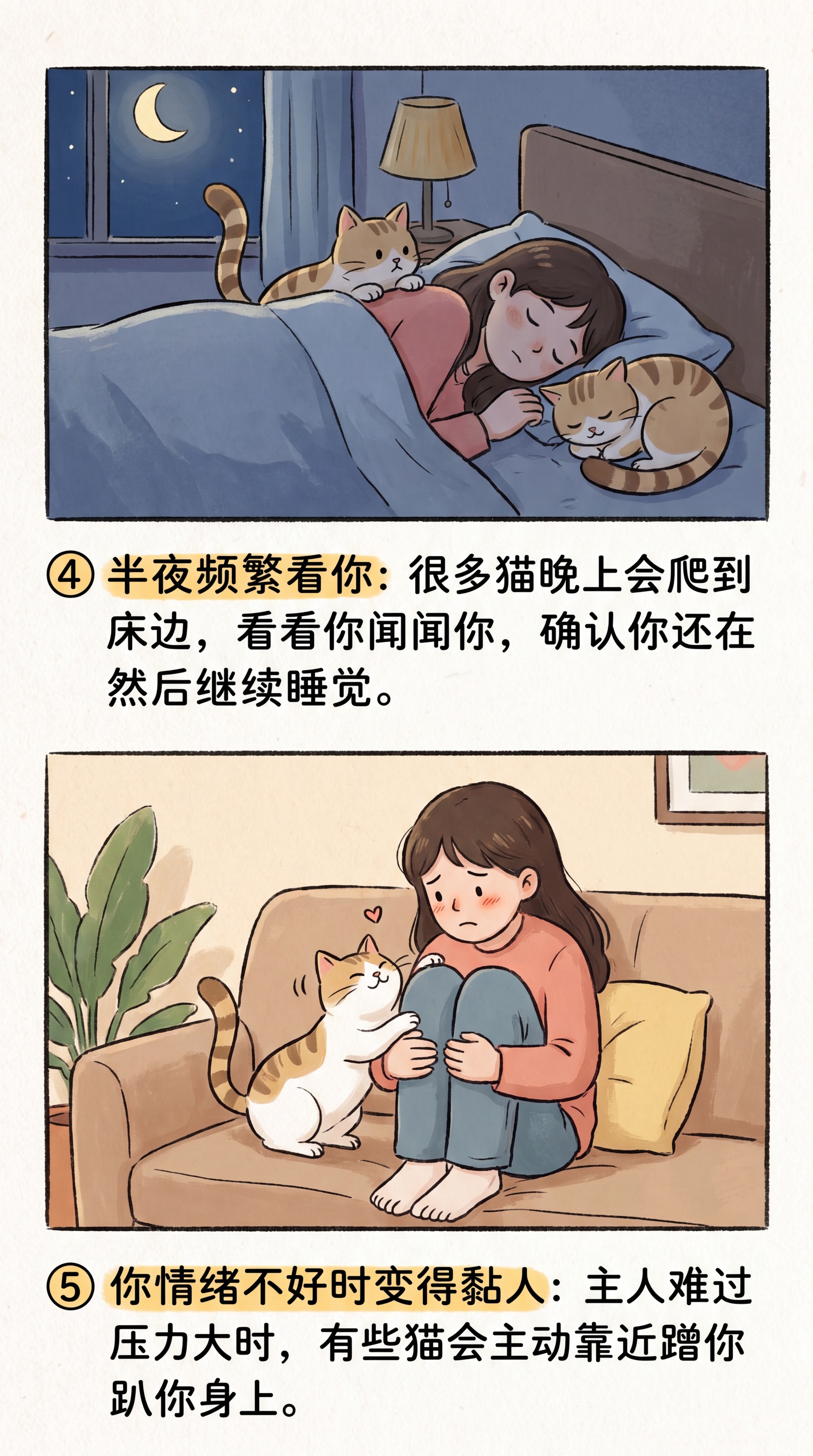 小红书竖版动画风格图文，内容④半夜频繁看你：很多猫晚上会爬到床… - 图片创意预览