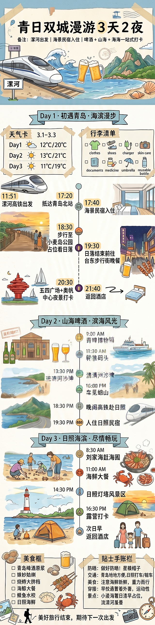 基于原手绘旅行手账长图进行内容修正：将Day1行程时间线全面更新为——11:51 漯河高铁出发，17:20 抵达青岛北站，17:40 海景民宿入住，18:30 步行至小麦岛公园占位看日落（日落时间仍为19:16），19:30 日落结束前往台东步行街晚餐，20:30 五四广场+奥帆中心夜景打卡，21:40 返回酒店。其余Day2/Day3时间、天气、美食、贴士栏等内容保持不变。整体仍为手绘拼贴风竖版长图（1080×3840），确保文字清晰可读，时间轴虚线框排版一致。