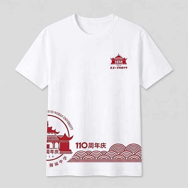 武汉大学附属中学110周年庆白色文化衫重新设计，不要使用过大的完整LOGO图标，将武汉大学附属中学110周年庆徽章元素展开设计，胸口位置放置小巧精致的标识，整体设计简约高级，图案清晰，无错别字，正面平视展示