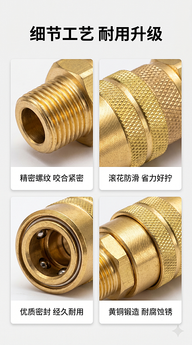 [第7屏] 细节微距展示，四宫格呈现黄铜快速接头关键部位细节。本屏分别使用【图4】【图5】【图6】对应细节图，展示螺纹、咬合面、密封件、防滑纹理四个关键部位。[氛围/风格] 细节特写风，突出工艺质感，干净专业。[元素布局] 顶部主标题，下方2×2四宫格排列四个细节特写，每个特写配文字标注说明细节优势，保持每个细节部位的结构、颜色、纹理与原图一致。[光影质感] 每个特写局部打光突出纹理质感，金属高光清晰，纹理细节锐利。[配色色系] 全局底色：#F5F5F5浅灰；卡片背景白色；标注文字深灰色；产品细节保持原黄铜金色。[视角构图] 网格均匀排列，每个细节大小一致，构图均衡，文字标注在每个宫格下方。[文字版式] 顶部标题「细节工艺 耐用升级」黑色粗体居中。四个细节标注分别为「精密螺纹 咬合紧密」「滚花防滑 省力好拧」「优质密封 经久耐用」「黄铜锻造 耐腐蚀锈」。[比例分辨率] 9:16 竖版比例，4K分辨率，文字清晰可辨。[负向提示词] 细节变形，纹理模糊，颜色偏差，文字错位，宫格不均匀