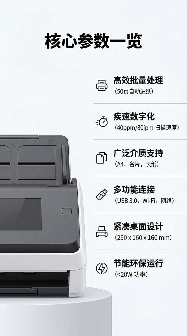 [第11屏] 参数信息页，展示核心性能参数。本屏使用【图3】正面产品图，左侧放产品，右侧做参数表展示核心参数：自动进纸容量、扫描速度、支持尺寸、接口类型、机身尺寸、功率。每个参数名称和数值清晰对应，把参数翻译成体验收益。顶部标题"核心参数一览"黑色加粗。全局底色#F8F9FA，9:16竖版，4K分辨率，文字清晰。负向提示：参数虚构，产品变形，文字模糊