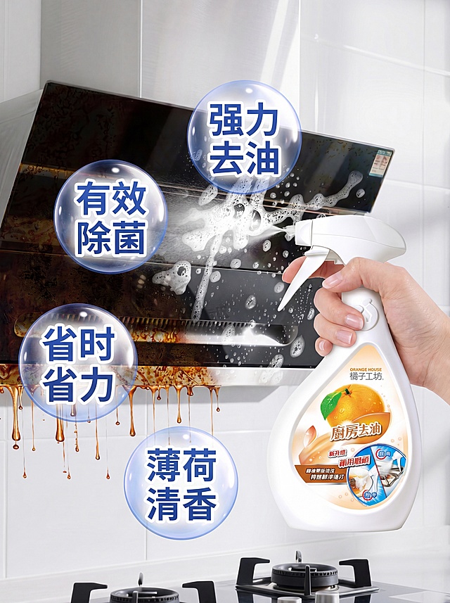 参考图片场景生成：厨房抽油烟机重油污场景，手持橘子工坊厨房去油喷雾瓶喷向油污，保留原有产品摆放、手持姿势，保留四个卖点气泡框，去掉大标题和额外文字，仅保留产品瓶身自带文字，整体为电商广告摄影风格，8K高清写实