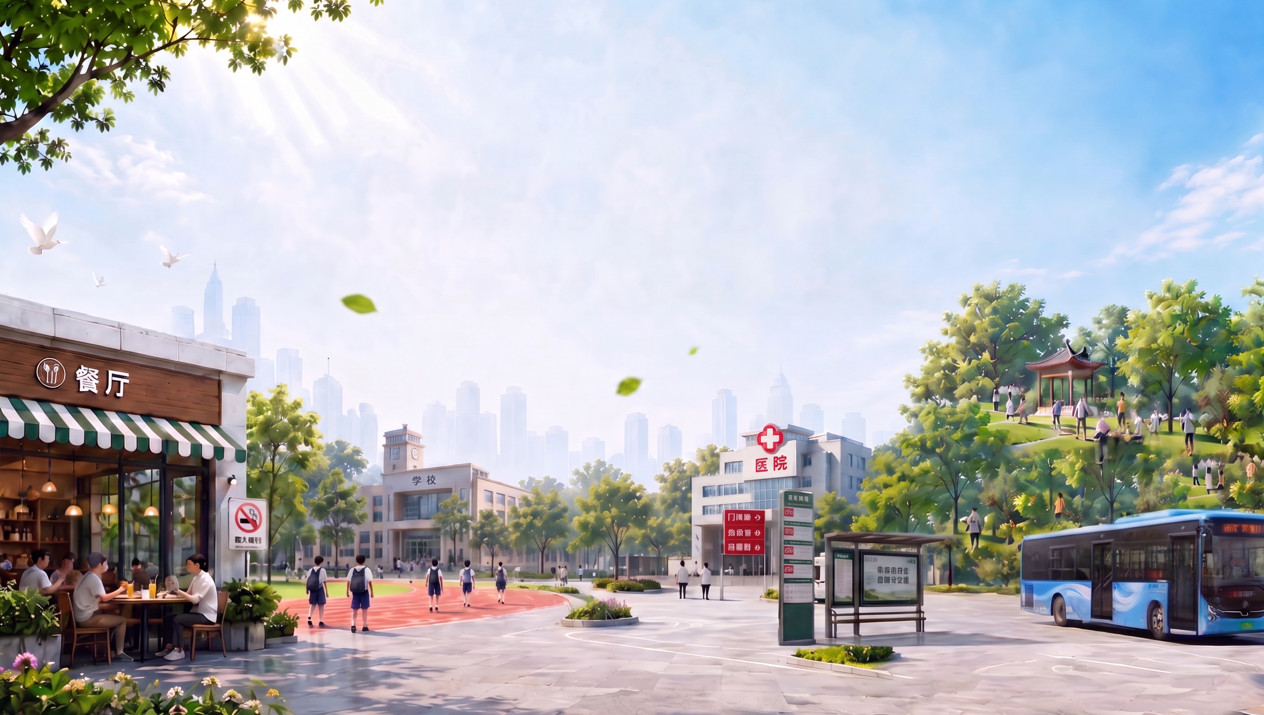 去掉图片右下角公交车旁排队上车的这群人物，保持周围的环境、建筑… - 图片创意预览